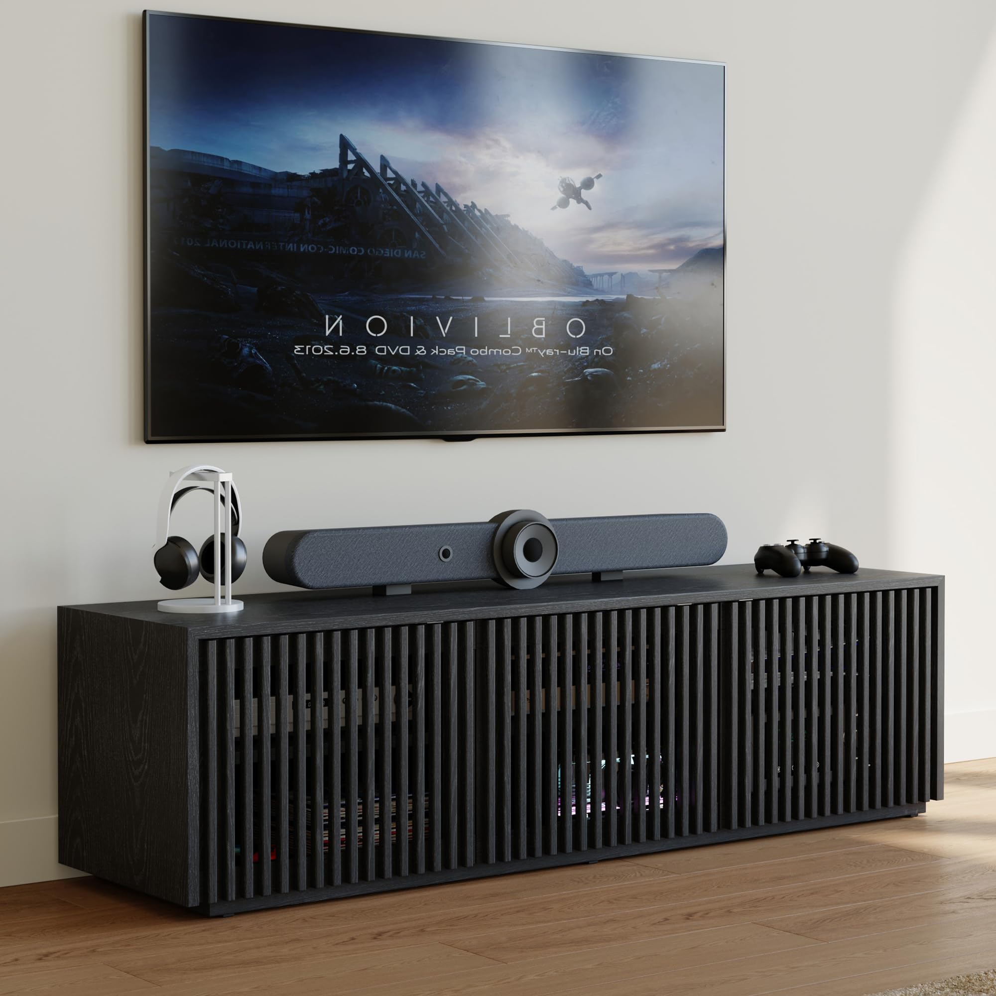 POVISON Full Assembled Mid Century Modern TV Stand, 59.06" Wood Slatted Media Console for 55 inch TV, Entertainment Center with Storage for Living Room, Low Cabinet with Removable Shelves