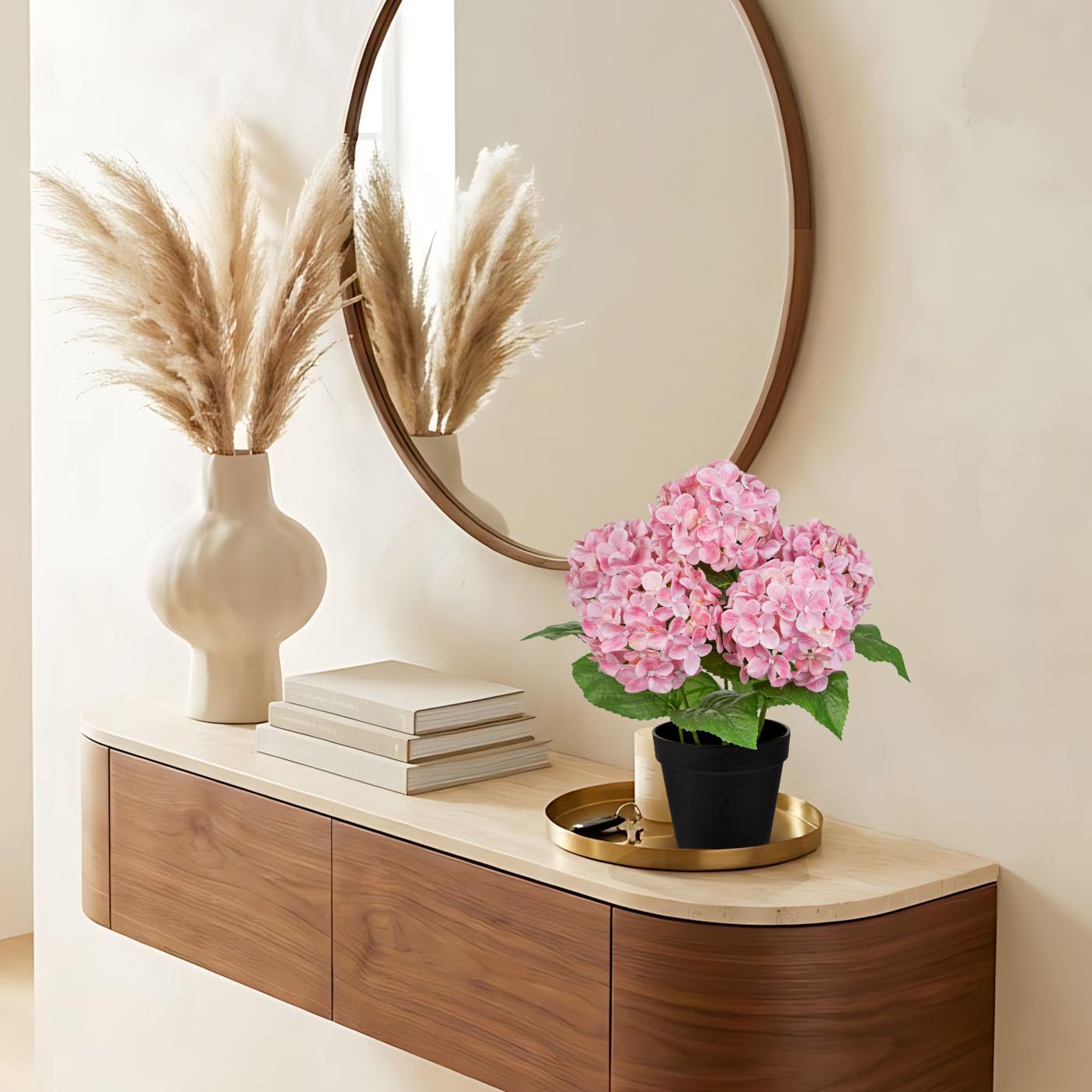 Briful Künstliche Hortensien im Topf 35 cm – Real Touch Kunstblume Wie Echt mit 5 Blütenköpfen – Dekorative Kunstpflanze für Wohnzimmer, Fensterbank & Büro, Rosa