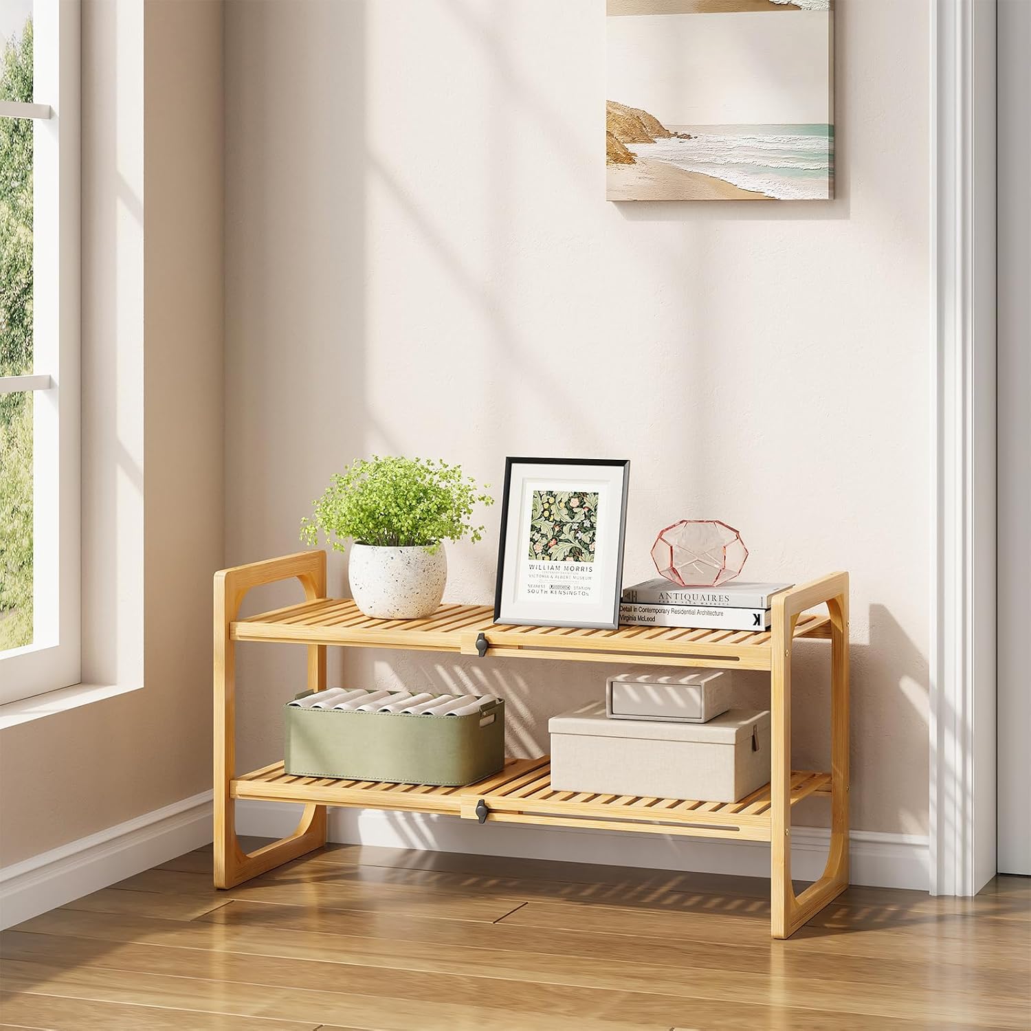 ELYKEN Bamboo Expandable Shoe Rack for Closet, 2-Tier Stackable Shoe Shelf