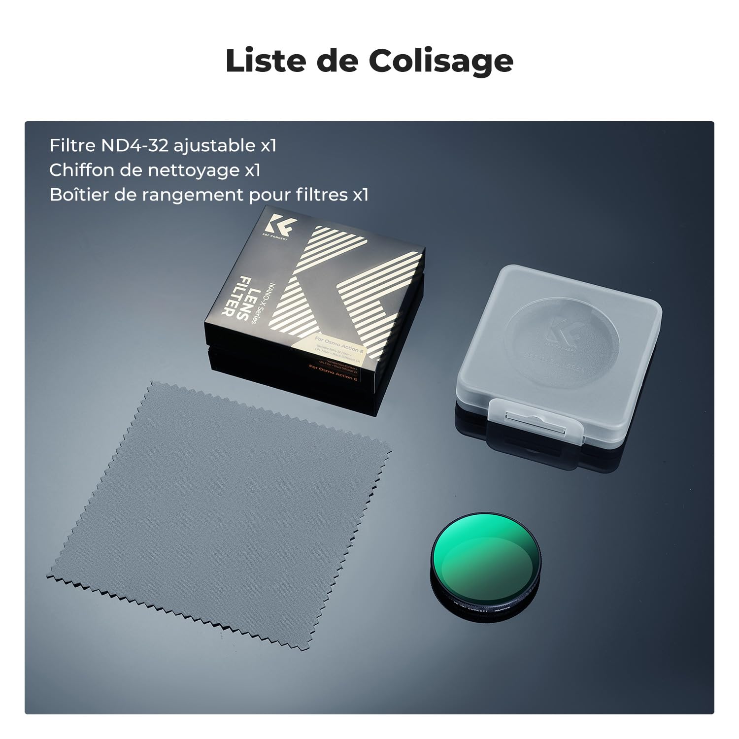 K&F CONCEPT Filtre ND Variable (ND2-32) pour Caméra d'action, Lentille HD, Double Revêtement Antireflet, Étanche et Anti-Rayures, avec Chiffon de Nettoyage, Compatible avec DJI Action 6