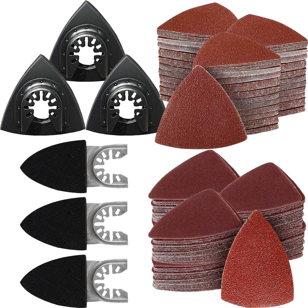 Kit de Patins de Ponçage pour Outils Oscillants de 156 Pièces, Accessoires de Remplacement, 3 Patins de Ponçage Triangulaires et 3 Patins de Ponçage à Doigts, 150 Pièces de Papier de Verre