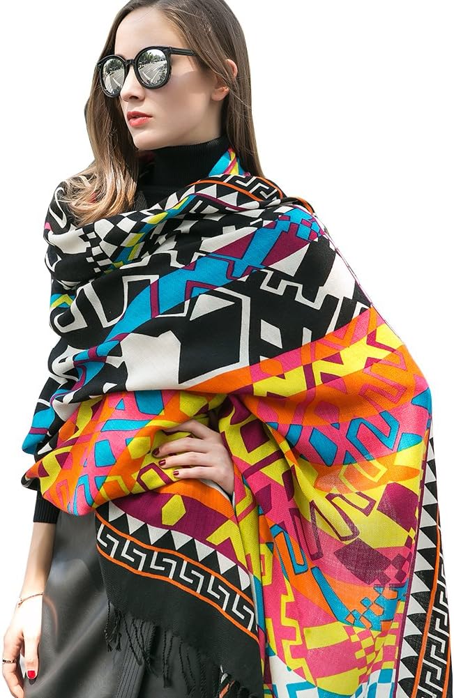 100% Merino Wool Pashmina Shawl for Women 96"x43", Oversized Cashmere Wrap with Tassels, Floral Travel Blanket Cape