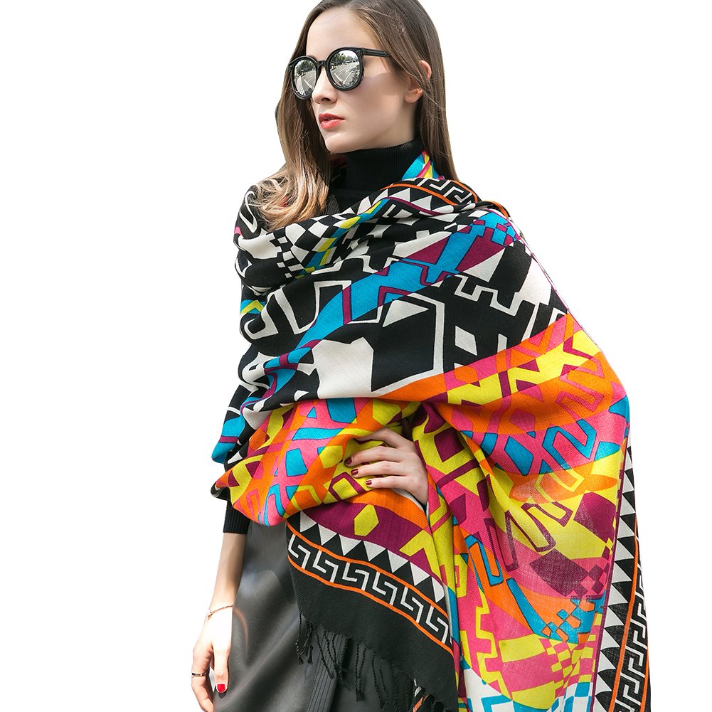 100% Merino Wool Pashmina Shawl for Women 96"x43", Oversized Cashmere Wrap with Tassels, Floral Travel Blanket Cape