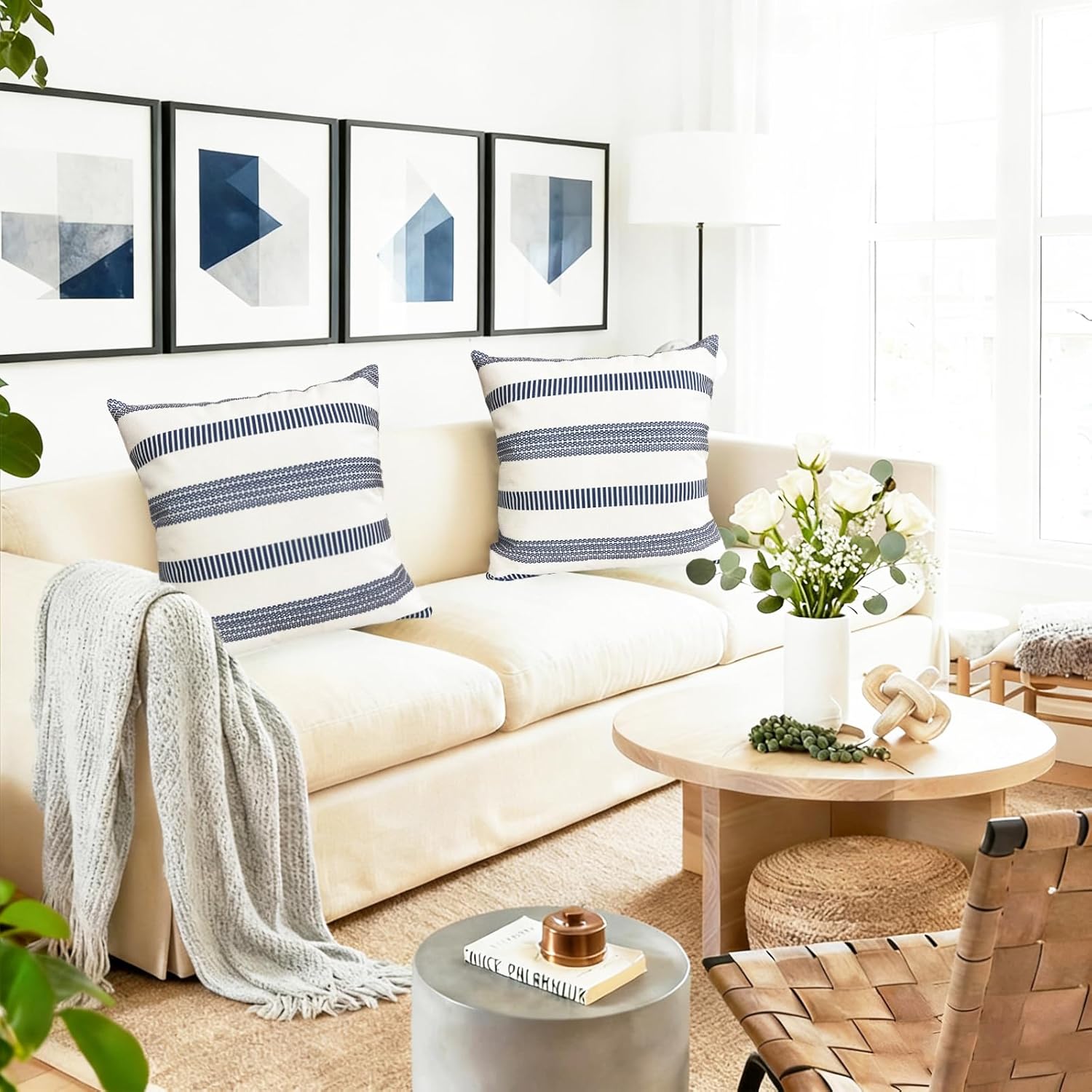 Decorative Throw Pillow Covers Set of 2 Blue Boho Striped Pillow Covers 22x22 Inch Throw Pillow Cover Linen Pillowcase Farmhouse Outdoor Pillow Covers for Couch Sofa Bed Living Room