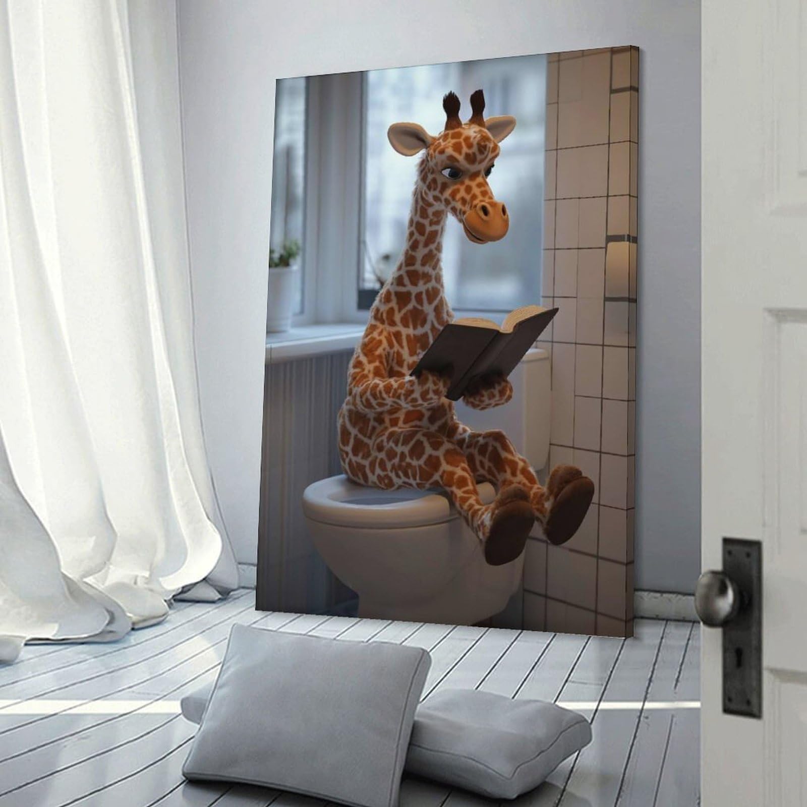 Giraffe Reading on Toilet Poster, Picture, Metal Print, Paint by Creed Canvas Art Print 20x30inch(50x75cm), for Gallery Wall Layouts in Home Or Office, Decorative Artwork with Flexible Styling