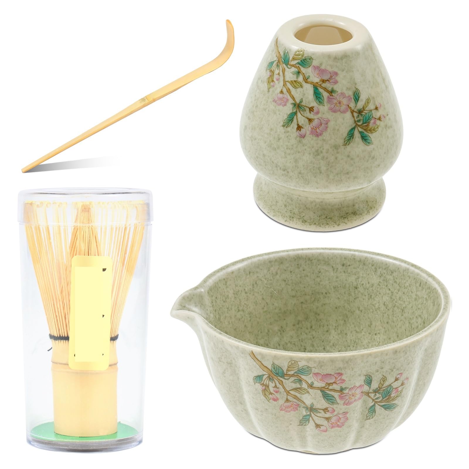 Ensemble Matcha Ensemble de 4 fouets à Matcha, élégant Ensemble Tasses thé avec Support for Fouet, Bol en céramique, ustensile Cuisine for Les Amateurs(Green)