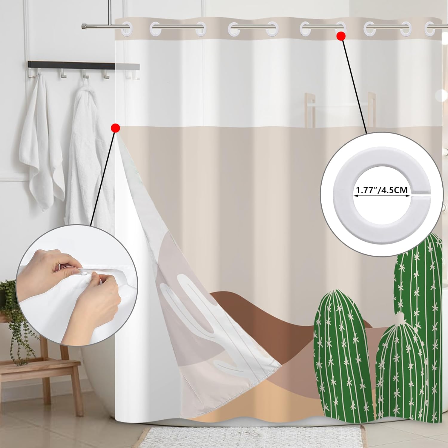 Baocicco No Hook Desert Cactus Shower Curtain with Snap-in Fabric Liner Set for Bathroom Decorative Boho Style Plants Design Hotel Style with See Through Top Window Waterproof Washable 71x74 Inch