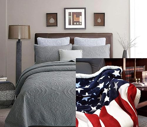 Brandream Juego de ropa de cama acolchada de lujo, tamaño Queen, algodón, damasco, costura, 4 piezas