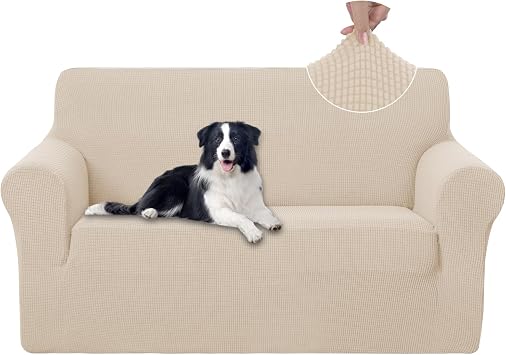 U-NICE HOME Loveseat Cover Stretch Couch Cover Sofa Slipcover, Beige | 2 Cushion Sofa, 1-Piece Sofa cover, Washable, Pet friendly, Furniture protector, Polyester Spandex Jacquard fabric
