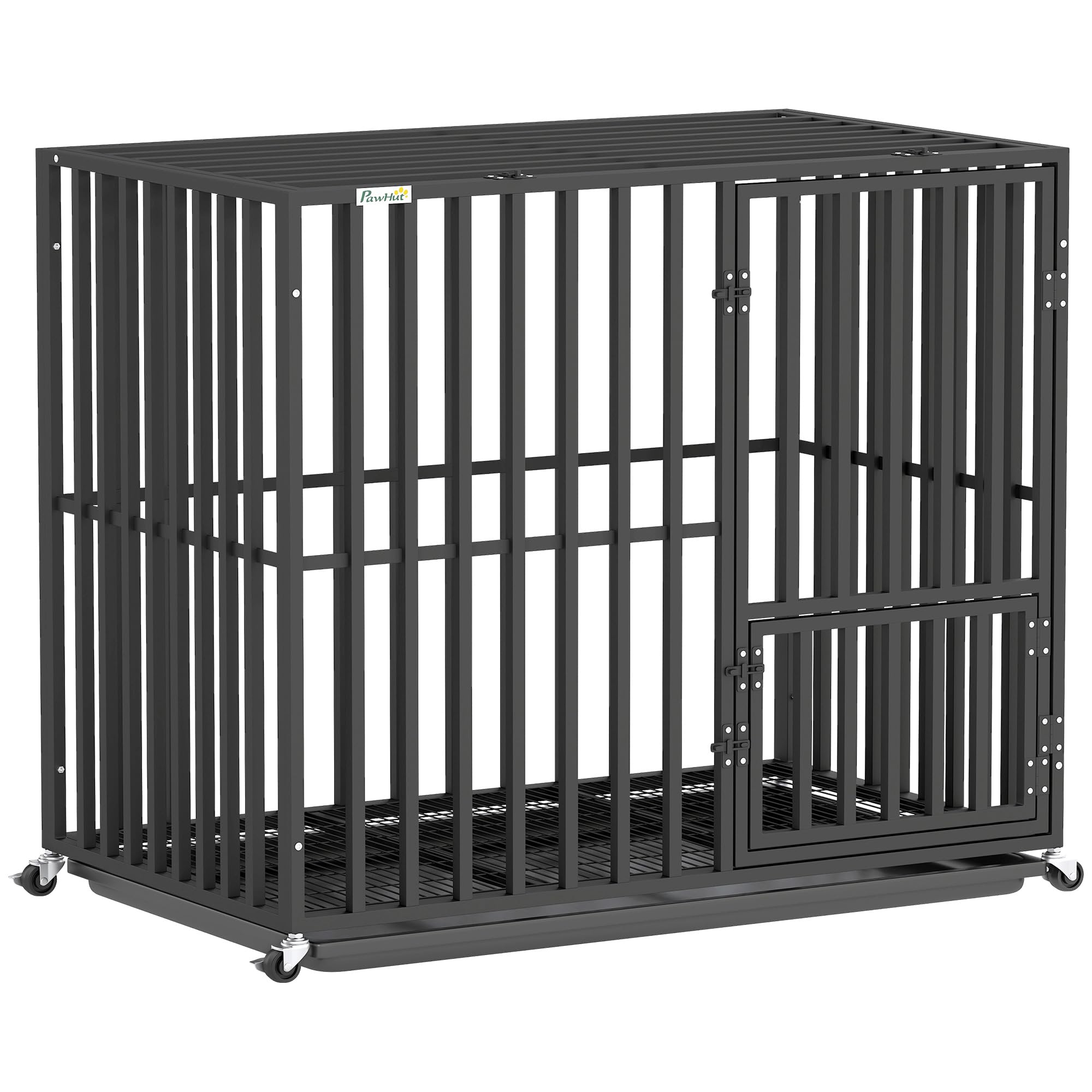 PawHut Heavy Duty Dog Crate, Dog Cage with Wheels for Small Medium Breeds, Metal Pet Crate with Removable Tray and 3 Doors for Indoor & Outdoor, 95 x 57 x 81 cm, Black
