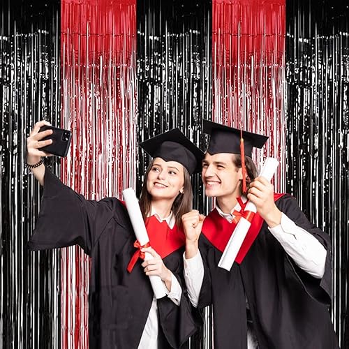 Miniatura 5 de Decoraciones de fiesta temática de casino, cortinas de flecos de aluminio negro y rojo, 2 piezas de 3.28 pies x 8.2 pies, serpentinas de puerta de