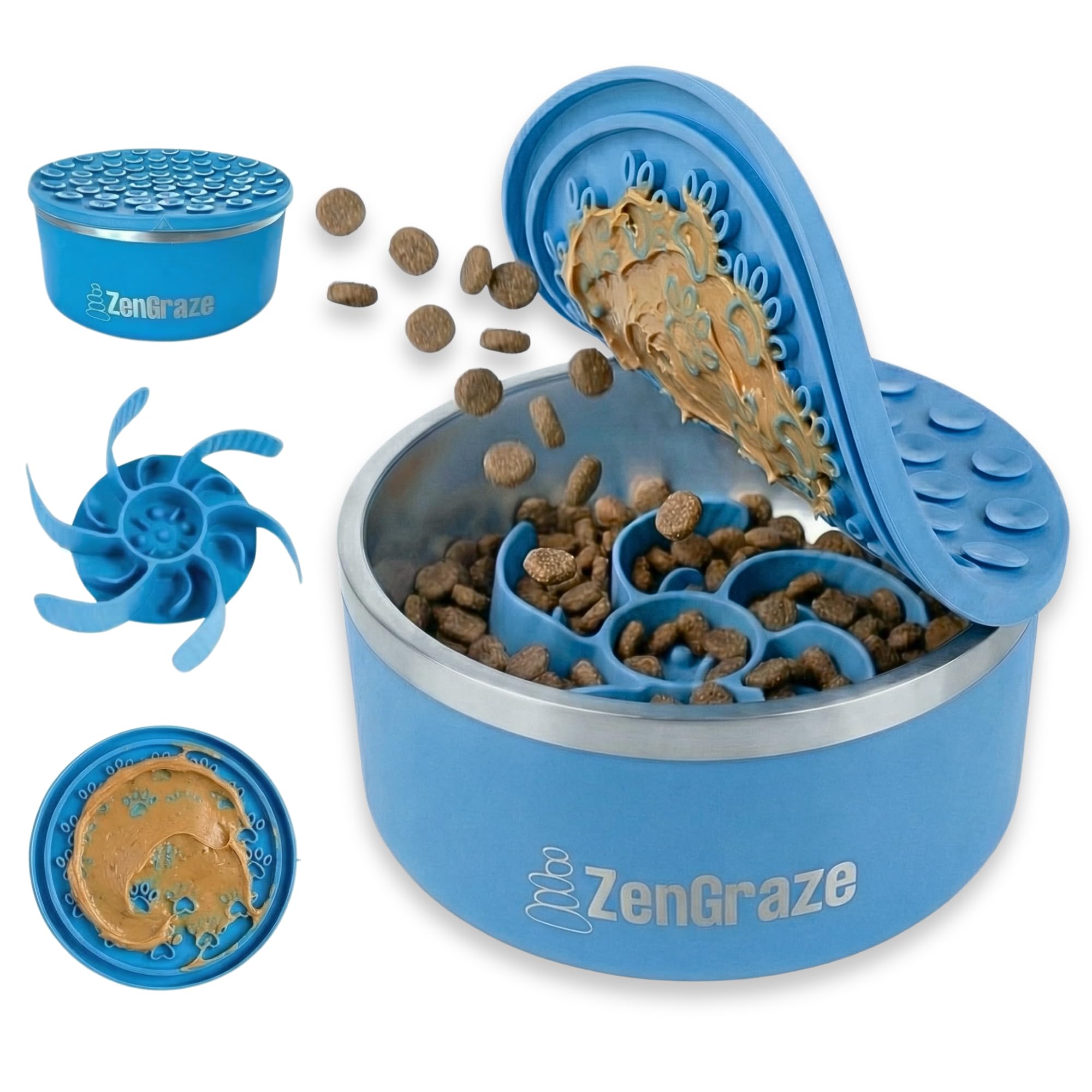 ZenGraze 5-in-1 Stainless Steel Slow Feeder Dog Bowls 64 oz – Metal Dog Bowl, Silicone Slow Feeder Insert, Lick Mat Lid & Non Slip Base – Deep Anti Gulp Feeding Bowl | Medium to Large Dogs (Eli Blue)