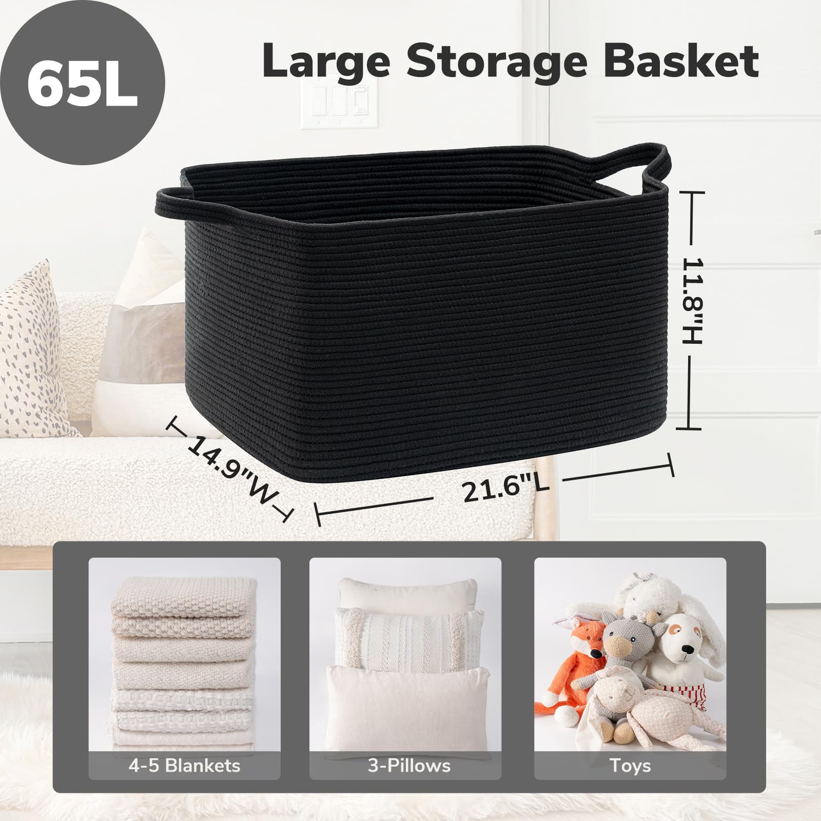 TIMEYARD Cesto portabiancheria intrecciato, nero, cestino intrecciato, cestino portaoggetti per giocattoli, Square Laundry Baskets, cestino portaoggetti per coperte, cuscini, cestino per gli ospiti,