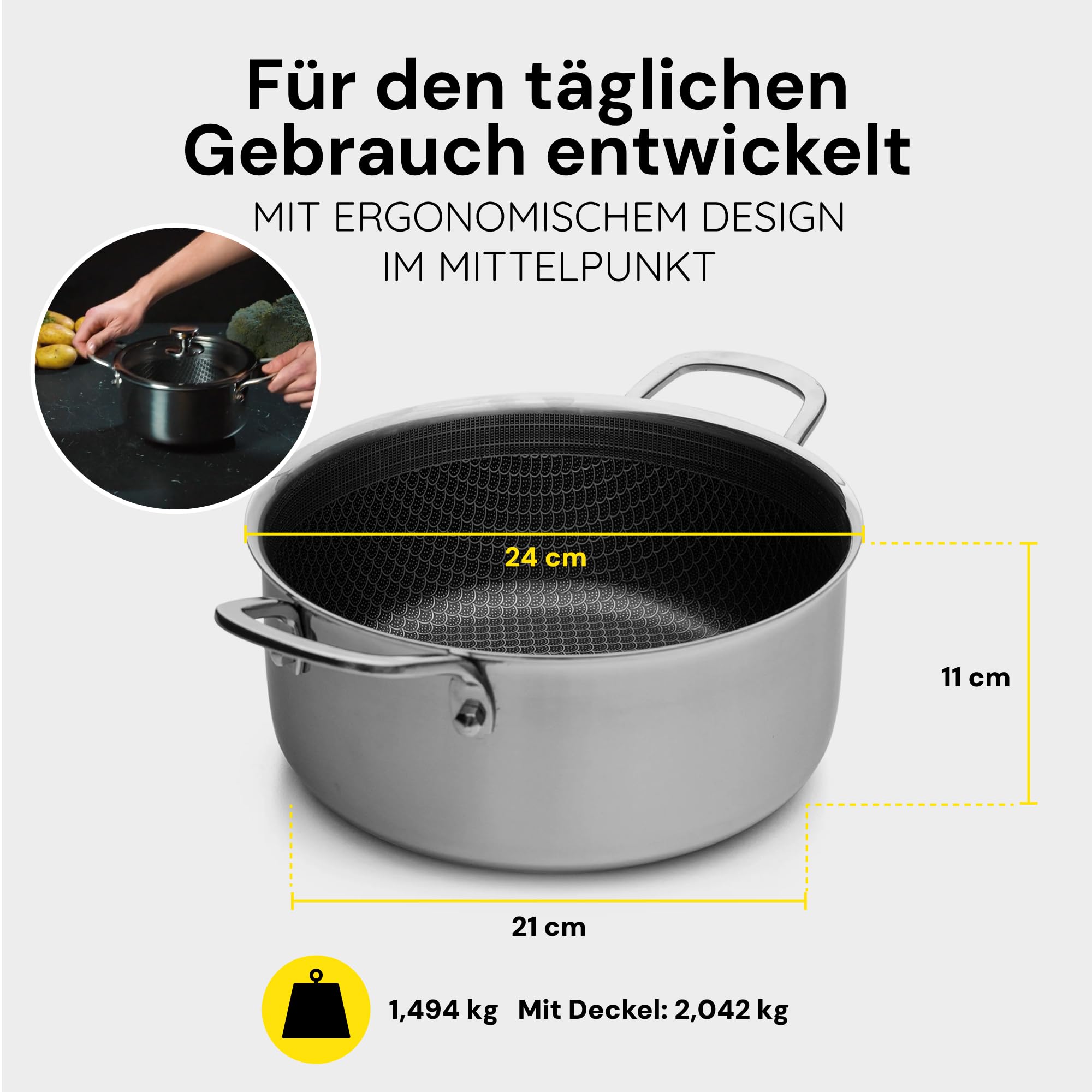 MISO Topf 24 cm (5L) Diamond Dust Keramik Non-Stick, Pot für Induktion. Frei von PFOA/PFAS, backofenfest bis 300°C, spülmaschinenfest, Tri-Ply mit Diamantbeschichtung