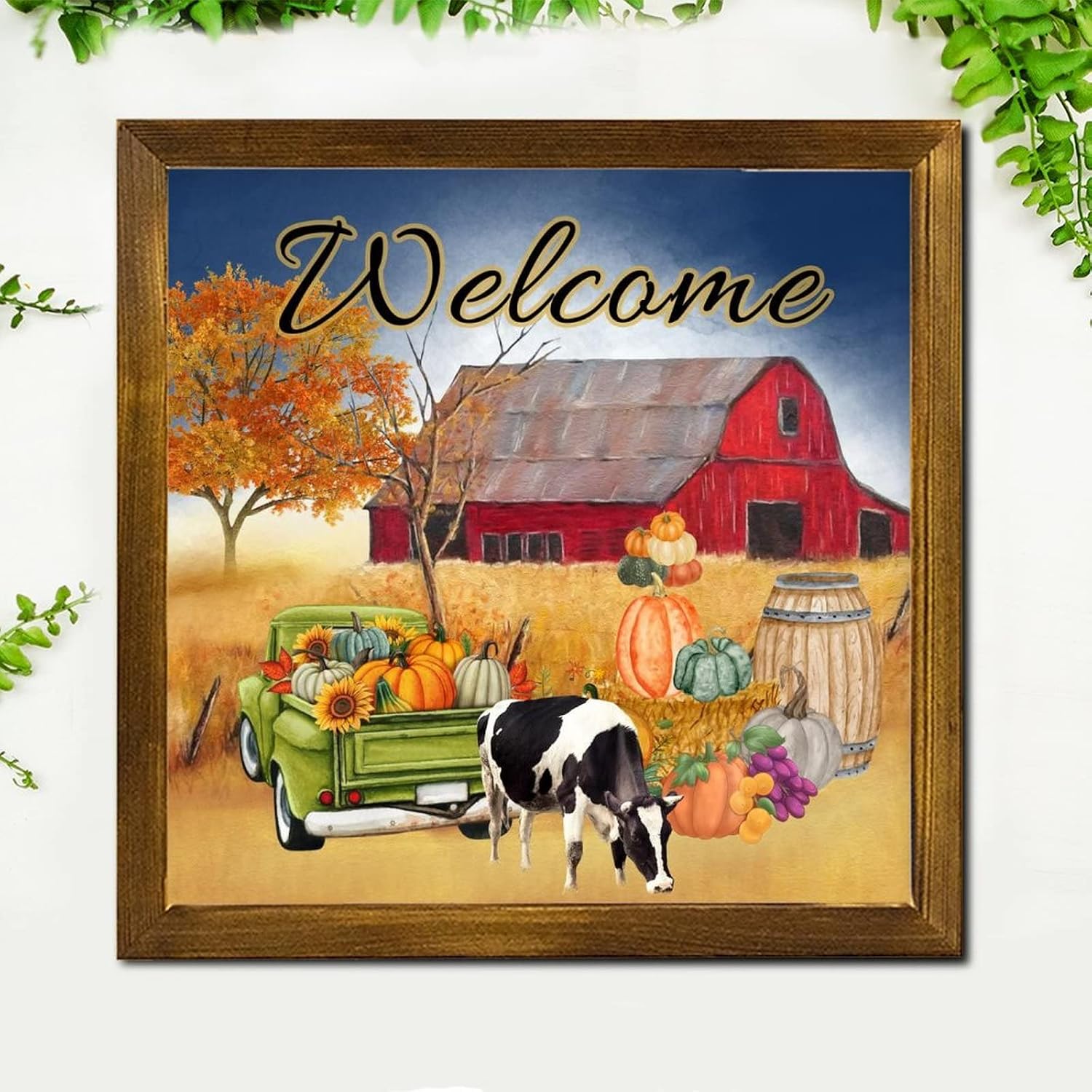 Welcome Farm Cow Barn Framed Wood Signs Fall Pumpkin Green Truck Hanging Wall Art Farmhouse Harvest Thanksgiving Wall Decor Hanging Plaque Sign for Home Room Office Garden Kitchen 12x12 inch