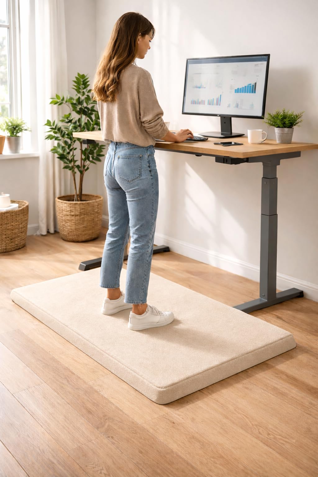 Standing Desk Anti-Fatigue Mat 72 × 44 × 5cm Memory Foam Comfort Kitchen Floor Mat Water-Resistant Polyester Cover Flat Non-Slip Standing Mat for Kitchen, Office & Laundry Room (Cream)