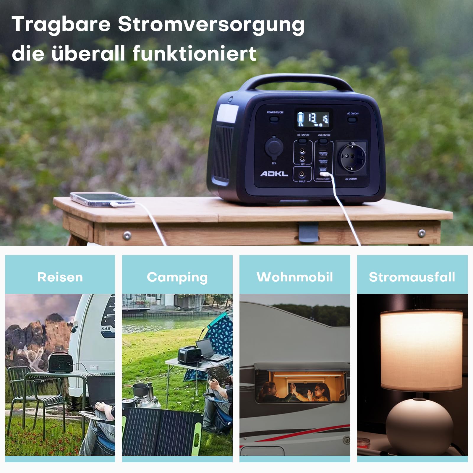 Tragbare DC Powerbank Powerstation, 320Wh Akku für mehrere Geräte, LiFePO4 Akku, 300W Solargenerator mit 300W AC/PD 60W USB-C Ausgang, Für Camping, Draußen, Reisen, Notfälle.