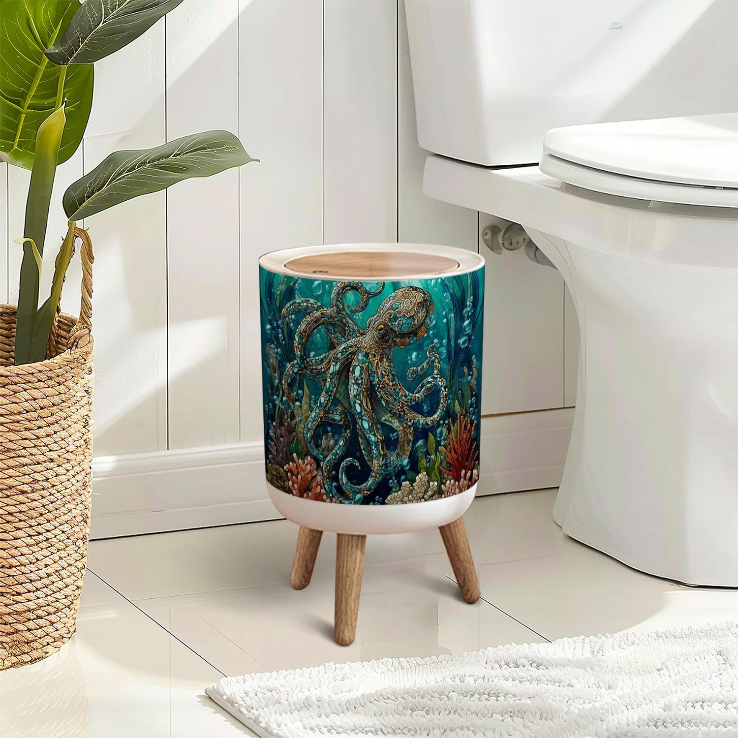 Trash Can with Lid Teal Blue Ocean Octopus Coral Reefs Press Top Round Small Garbage Bin with Wooden Legs Waste Basket for Kitchen Bedroom Nursery 7L/1.8 Gallon