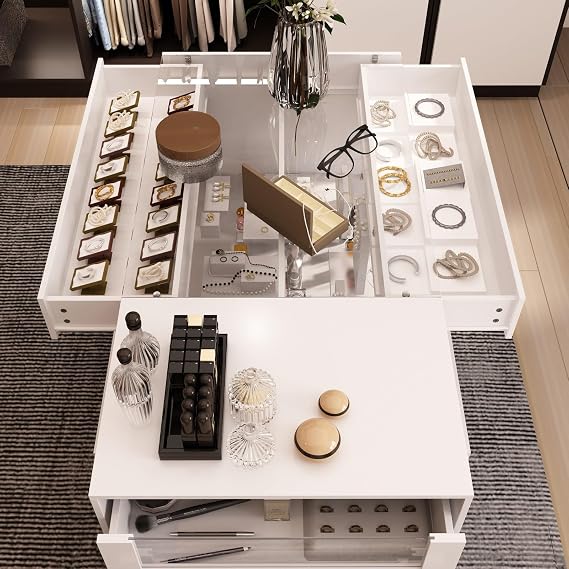 MOUMON Modern Closet Island with Tempered Glass Top, Jewelry Display Dresser for Walk-in Closet, Double-Sided Storage Center with 6 Drawers and Glass Shelves, White 47.2 W x 23.6 D x 31.5 H