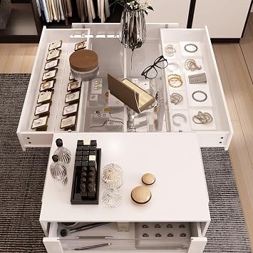 MOUMON Modern Closet Island with Tempered Glass Top, Jewelry Display Dresser for Walk-in Closet, Double-Sided Storage Center with 6 Drawers and Glass Shelves, White 47.2 W x 23.6 D x 31.5 H