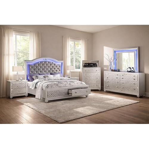 First of a Kind Shiney Contemporary 5 Piece Queen Bedroom Set High Gloss Silver Finish with Upholstered Headboard, Sleek Modern Bedroom Furniture Set for Coordinated Interiors