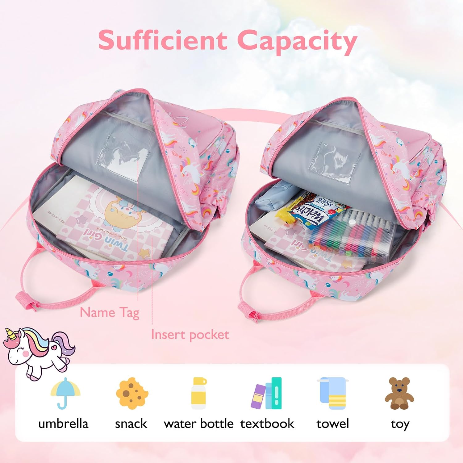 mommore Kids Backpack Girls, Durable Large Toddler Bookbag with Double Handles, Water Resistant Unicorn Backpack with Chest Strap for Preschool Kindergarten Travel