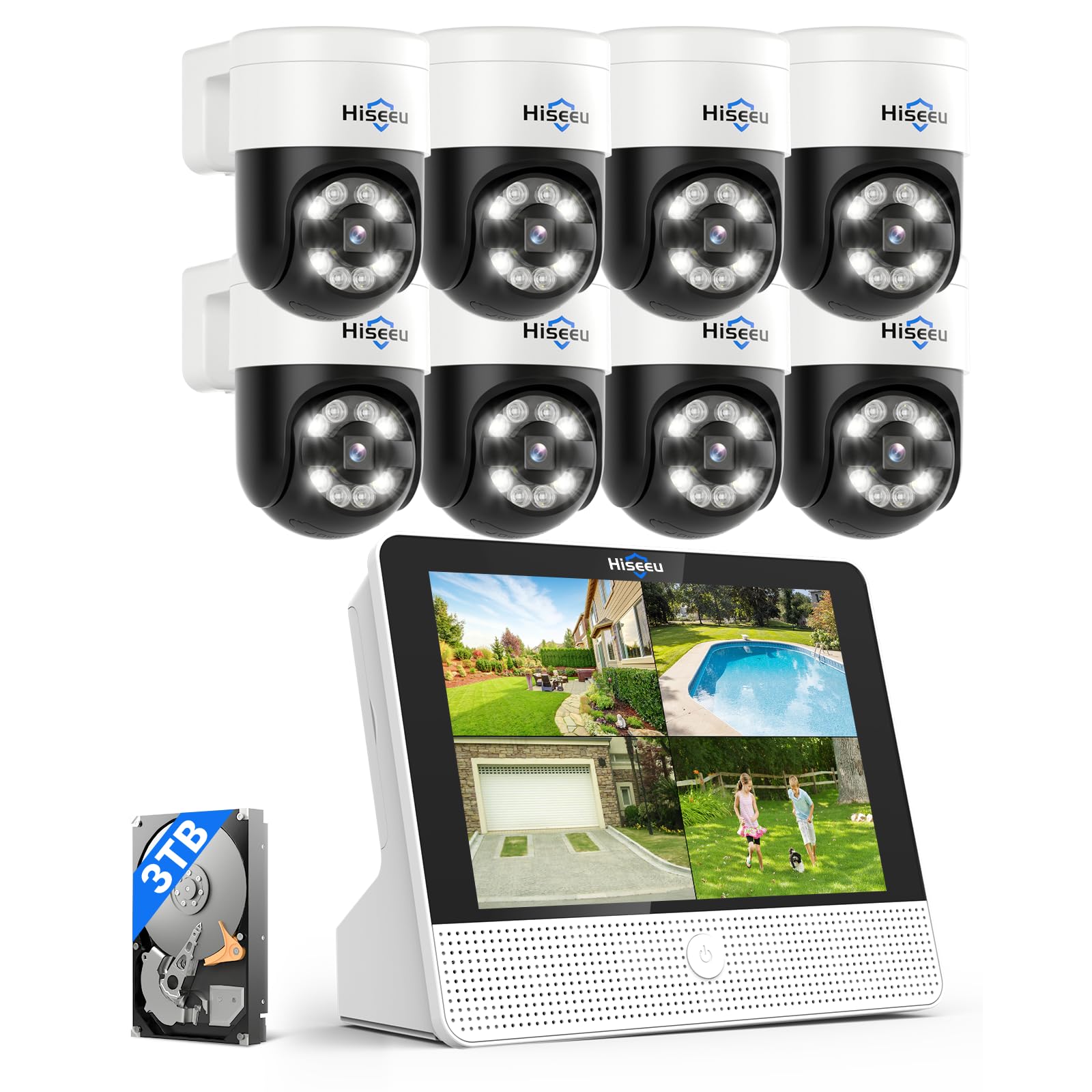 【Human Tracking+330° View】 Hiseeu 4K PoE Security Camera System,All-in-one 12" Monitor,8Pcs 5MP PoE PTZ Security Cameras for Home Security Outdoor,2-Way Audio,Color Night Vision,16CH Expandable