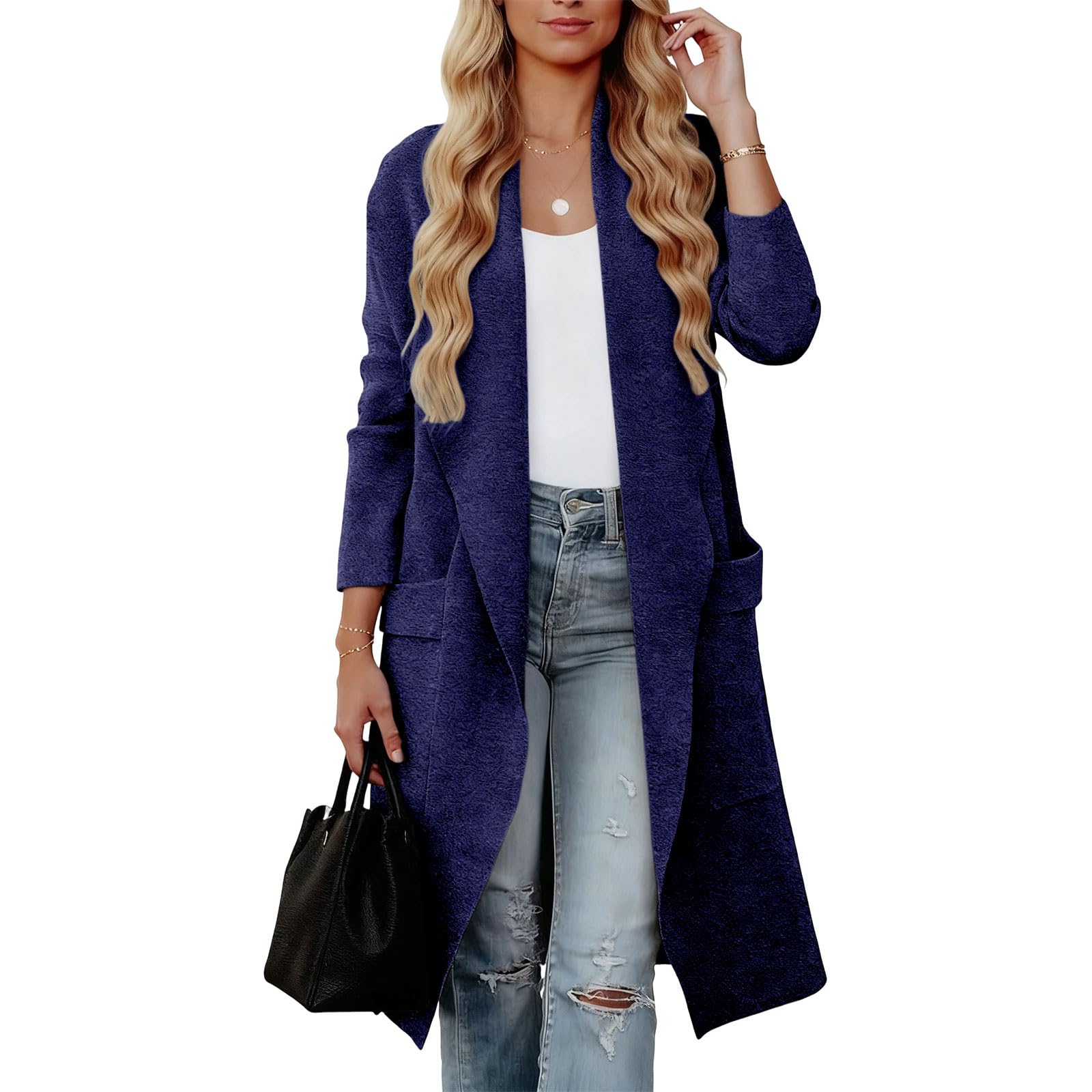 Womens Trench Coats Long Lightweight Long Sleeve Open Front Jacket Winter Warm Lapel Collar Outwear