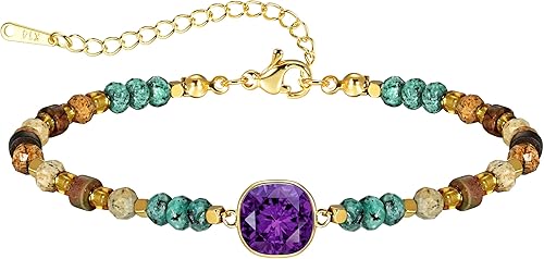 Birthstone Bracelets for Women Girls - Dainty Gold Beaded Bracelets for Women with 12 Month Cushion Birthstone Pendant Friendship Bridesmaid Birthday Gifts for Women Jewelry Teen Girl Gifts