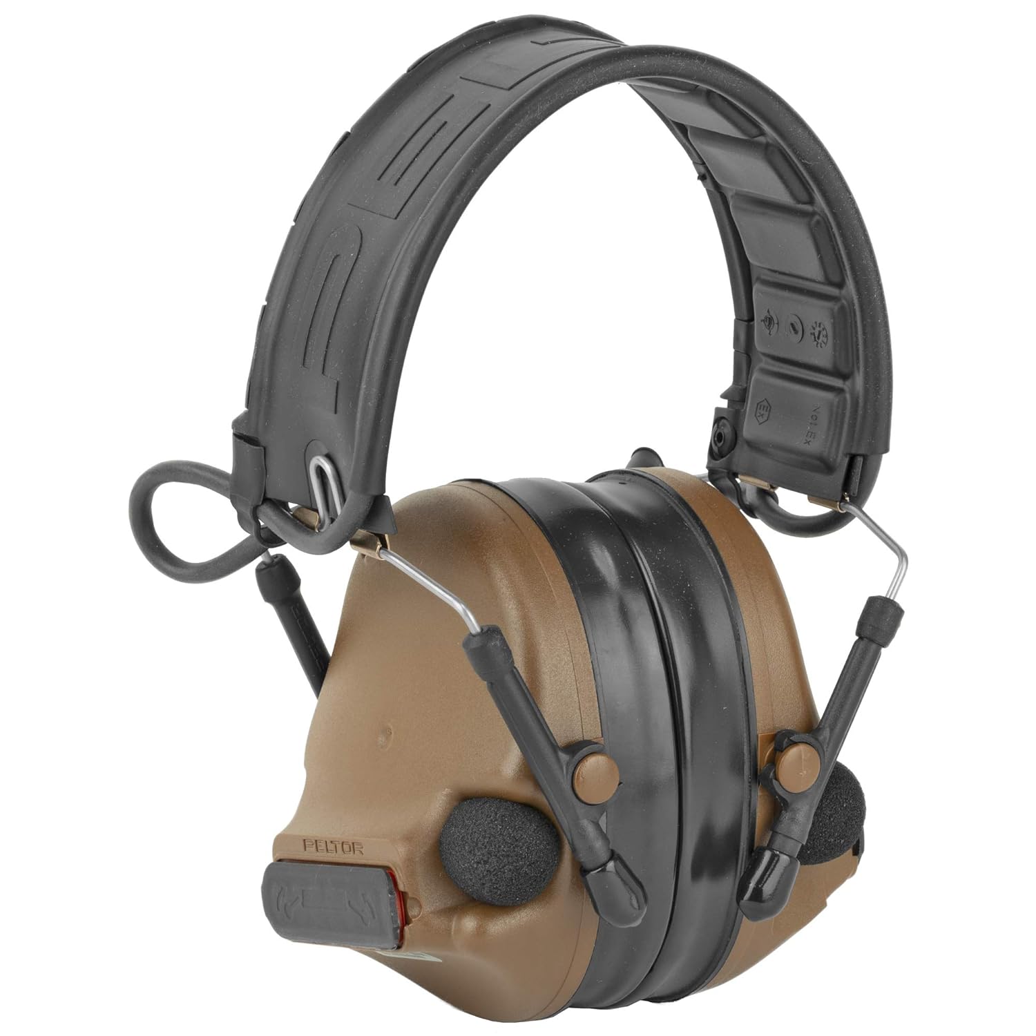 Lado delantero view of the 3M PELTOR Comtac Earmuff in Coyote Brown, showing the headband, ear cups, and microphones.