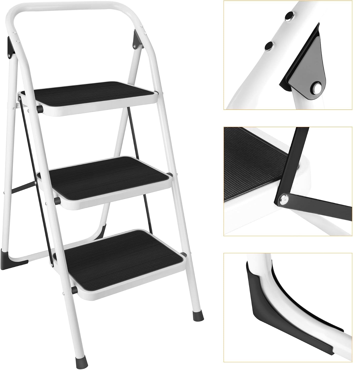 3 Step Stool, Gimify Folding Step Ladder Steel Stepladders Non-Slip Sturdy Steps Wide Pedal with Comfortable Hand Grip for Home Kitchen Garden Office 330 lbs