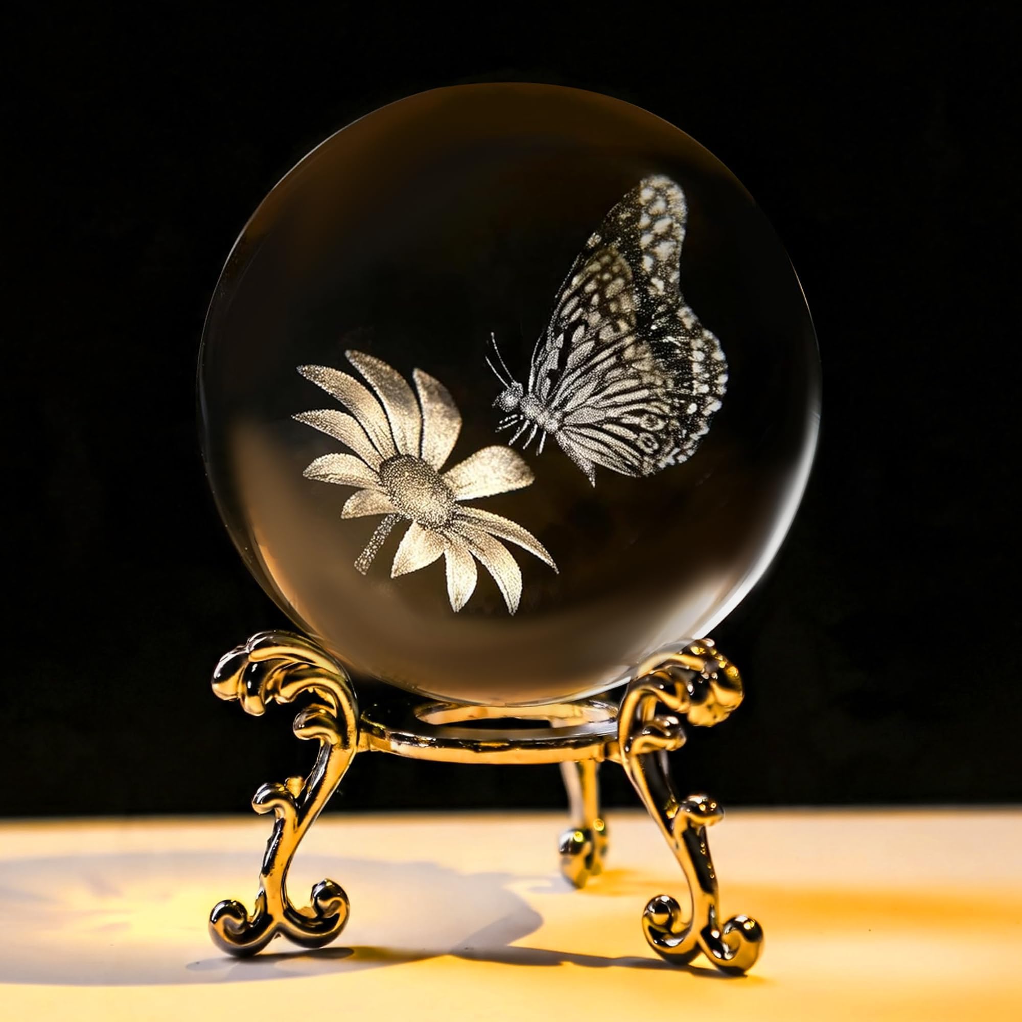 HDCRYSTALGIFTS 60mm 3D Butterfly Crystal Ball Figurine Gifts for Women, Laser Engraved Butterfly Sunflower Glass Crystal Ball with Stand Animal Glass Ball Ornaments Paperweight Decor Gifts for Lovers