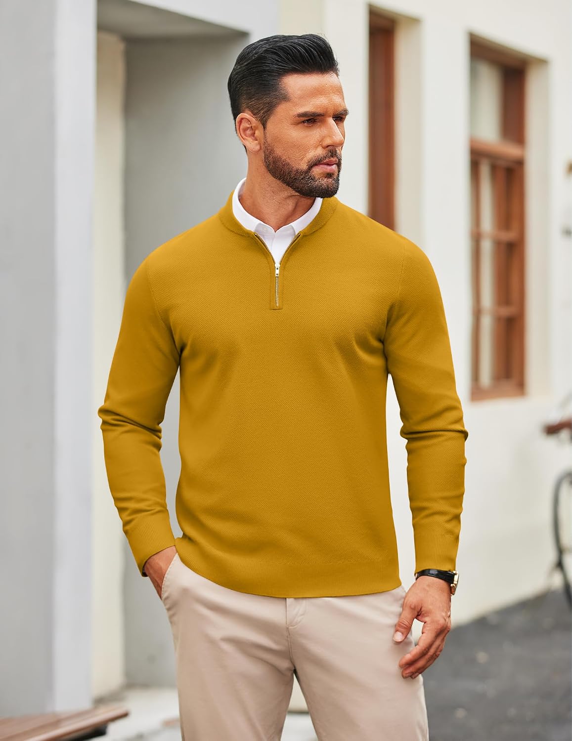 COOFANDY Mens Quarter Zip Pullover Slim Fit Knit Sweater Lightweight Mock Neck Casual Sweaters