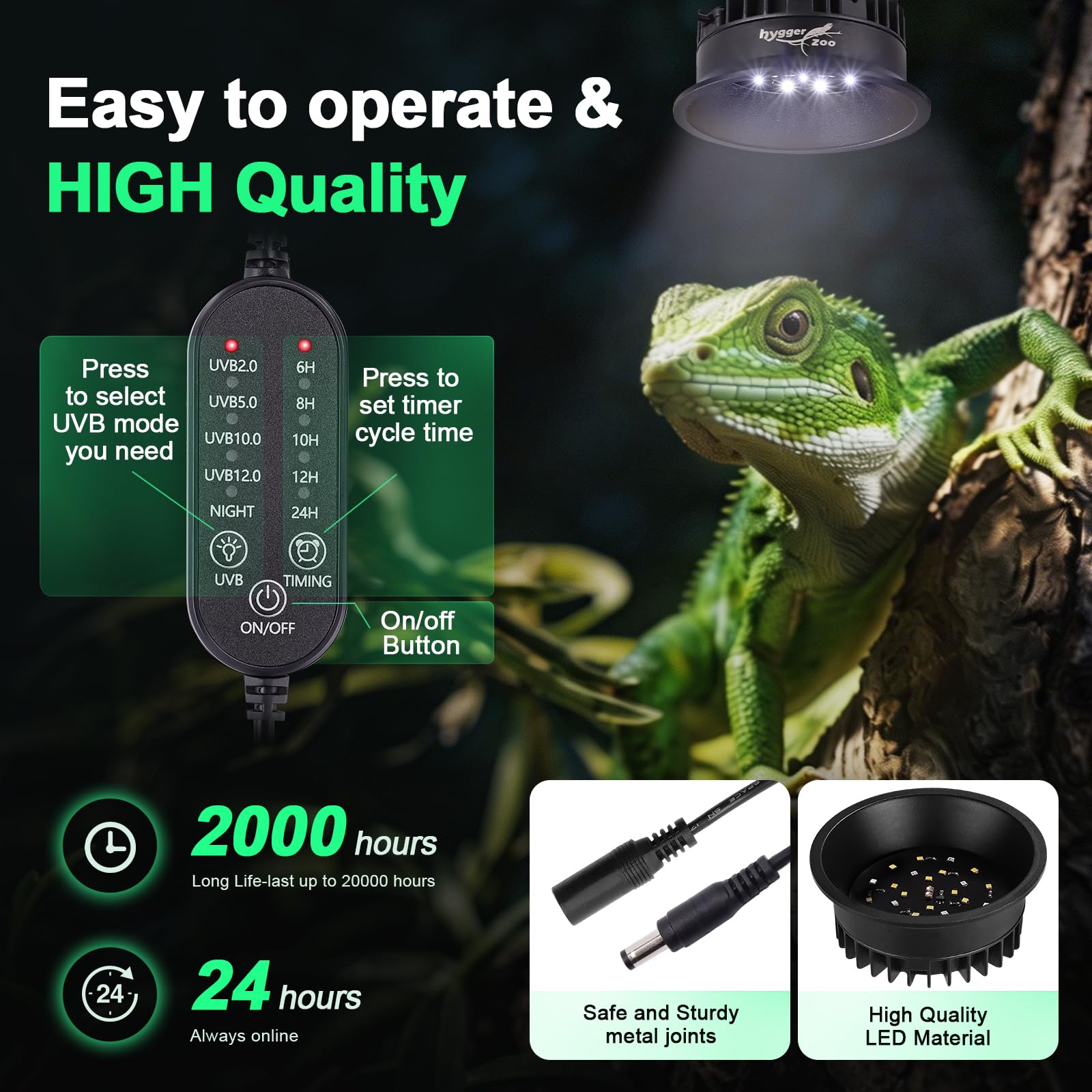 Lampada LED UVB per rettili foresta ＆ deserti 5W dimmerabile UVB con timer | Luminosità regolabile UVB, lampada a LED a risparmio energetico, lampada per rettili e anfibi, tartarughe e barbute