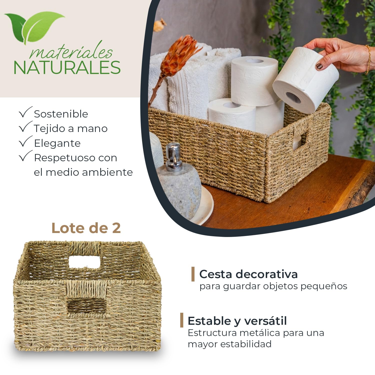 HMF Cesta de almacenamiento compatible con KALLAX medio compartimento, cesta trenzada de algas marinas con asas | set de 2 | 30 x 34 x 15 cm | Natural