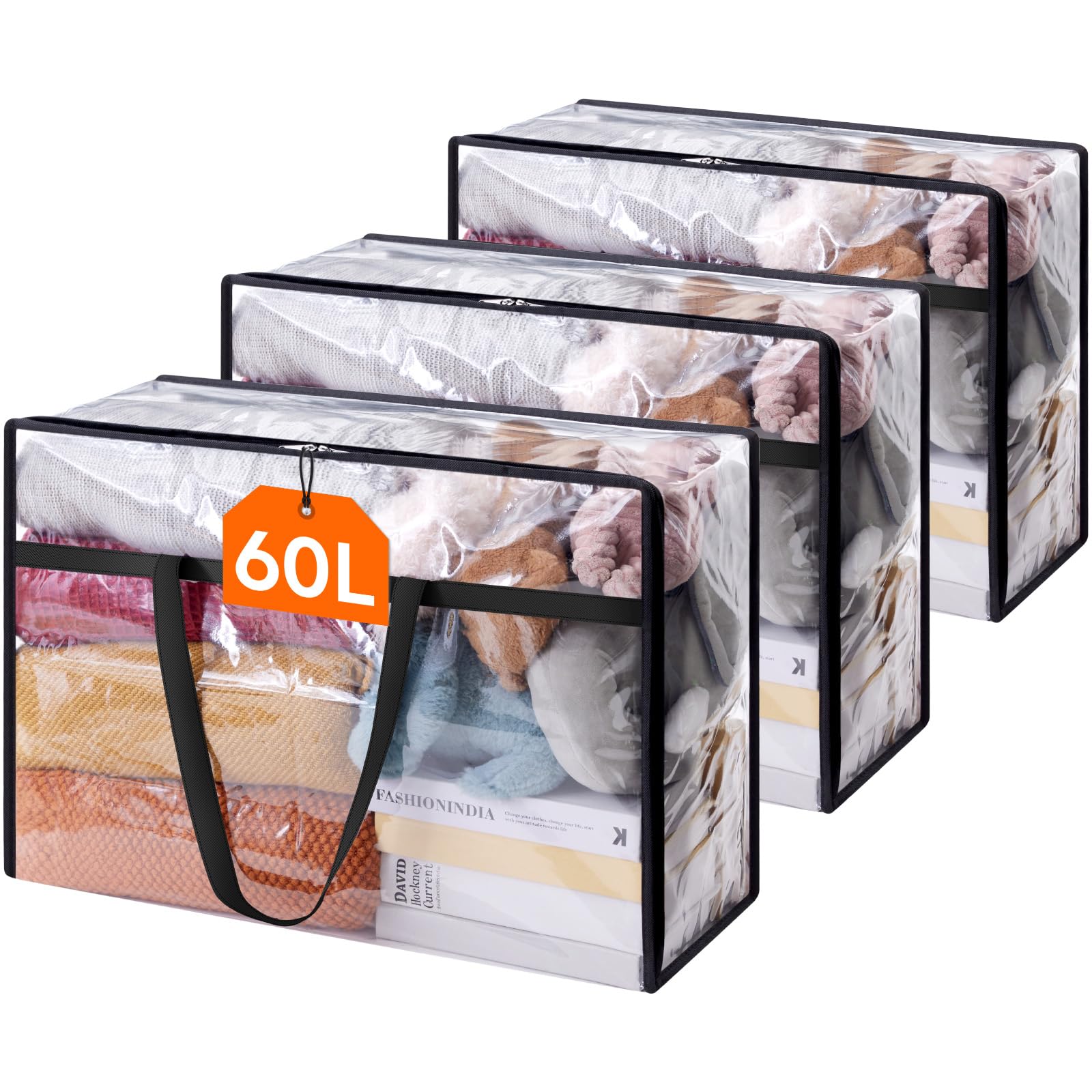 3 Pack Clear Clothes Storage Bags, 60L Plastic Blanket Storage Bag, Vinyl Foldable Moving Bags with Zipper, Closet Organizers and Storage Containers for Bedding, Duvet, Comforter