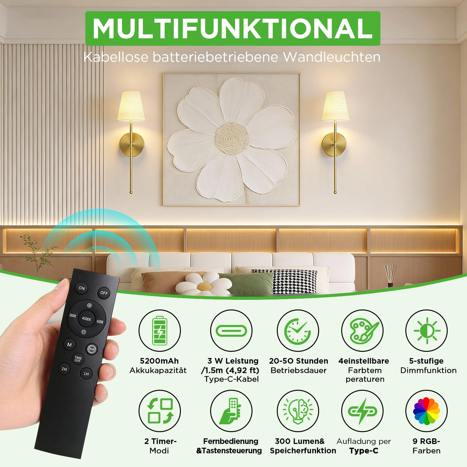 LUTEC Wandleuchten-Set (2 Stück), wiederaufladbare, kabellose Wandleuchten mit 5200 mAh Akku, RGB-Beleuchtung, dimmbar und mit Fernbedienung, 12 Farben, Wandleuchten für Schlafzimmer/Wohnzimmer/Flur