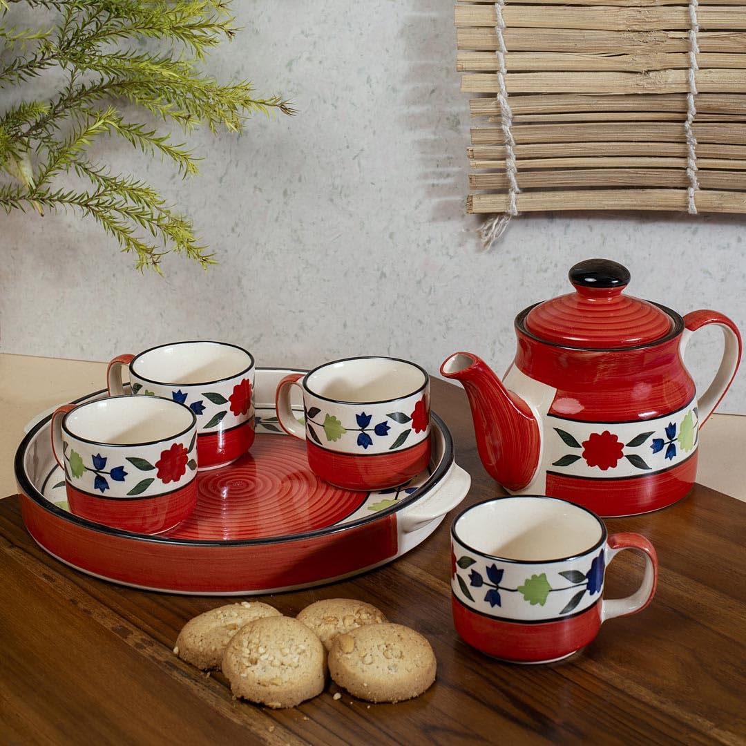 HS HINDUSTANI SAUDAGAR Handpainted Tea Kettle Set with 4 Cups & Tray, Red & Blue, Kettle 575 ml with 120ml Tea Cups
