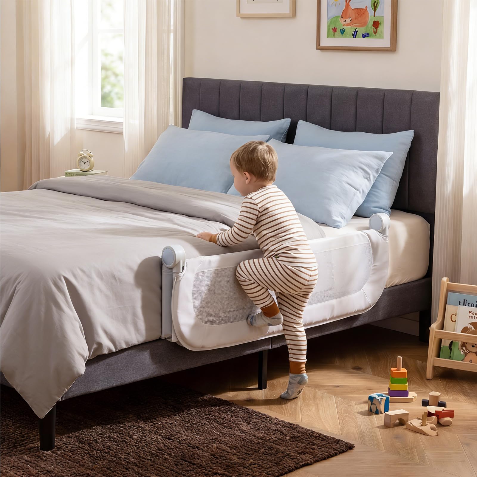 RELAX4LIFE Barrière de Lit Rabattable 120 cm, Barriere de Securite Enfant Lit, Double Verrouillage, Maille Respirante, Base Métallique, Protection Anti-Chute, pour Matelas 10-28 cm d'Épaisseur (Blanc)