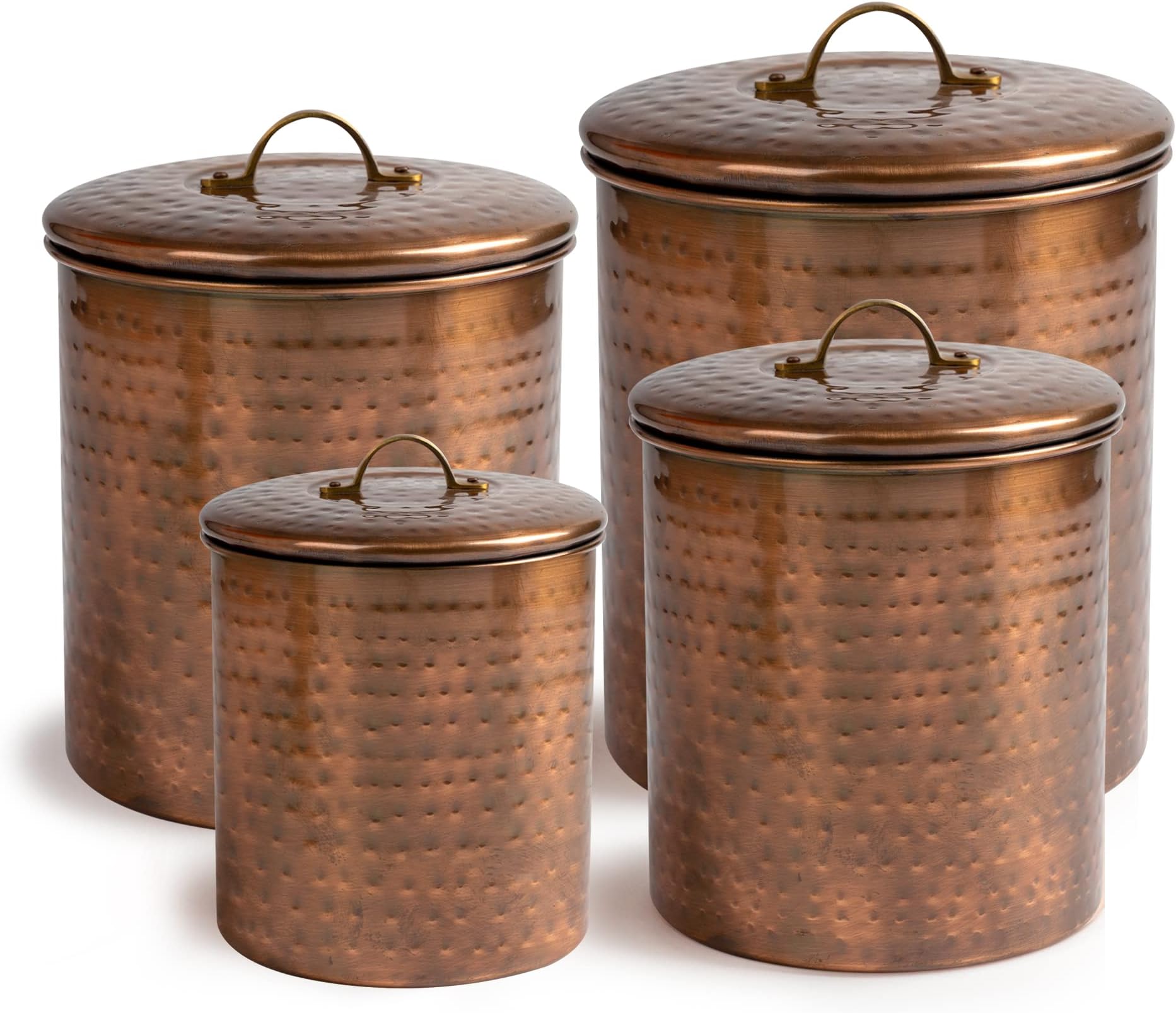 nu steel Hammered Antique Copper Stainless Steel 4pc Canister Set, Beautiful Food Storage Container for Kitchen Counter, Tea, Sugar, Coffee, Caddy, Flour Canister with Rubber seal lid, TG-1843AC-SET4