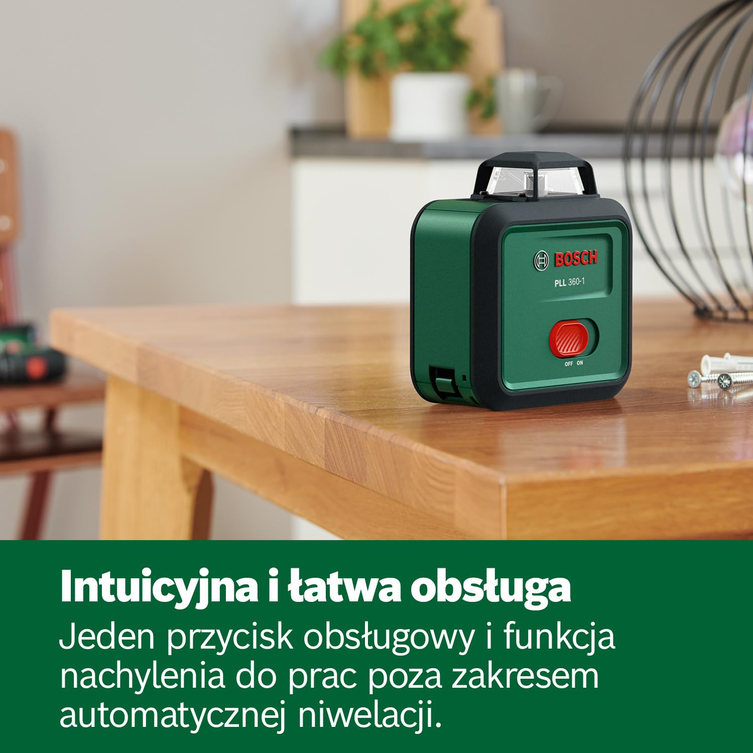 Bosch Laser niwelacyjny PLL 360-1 (samopoziomujący się laser płaszczyznowy 360°, dokładność ±0,4 mm/m, zasięg pracy 12 m, funkcja nachylenia, opakowanie kartonowe E-Commerce)