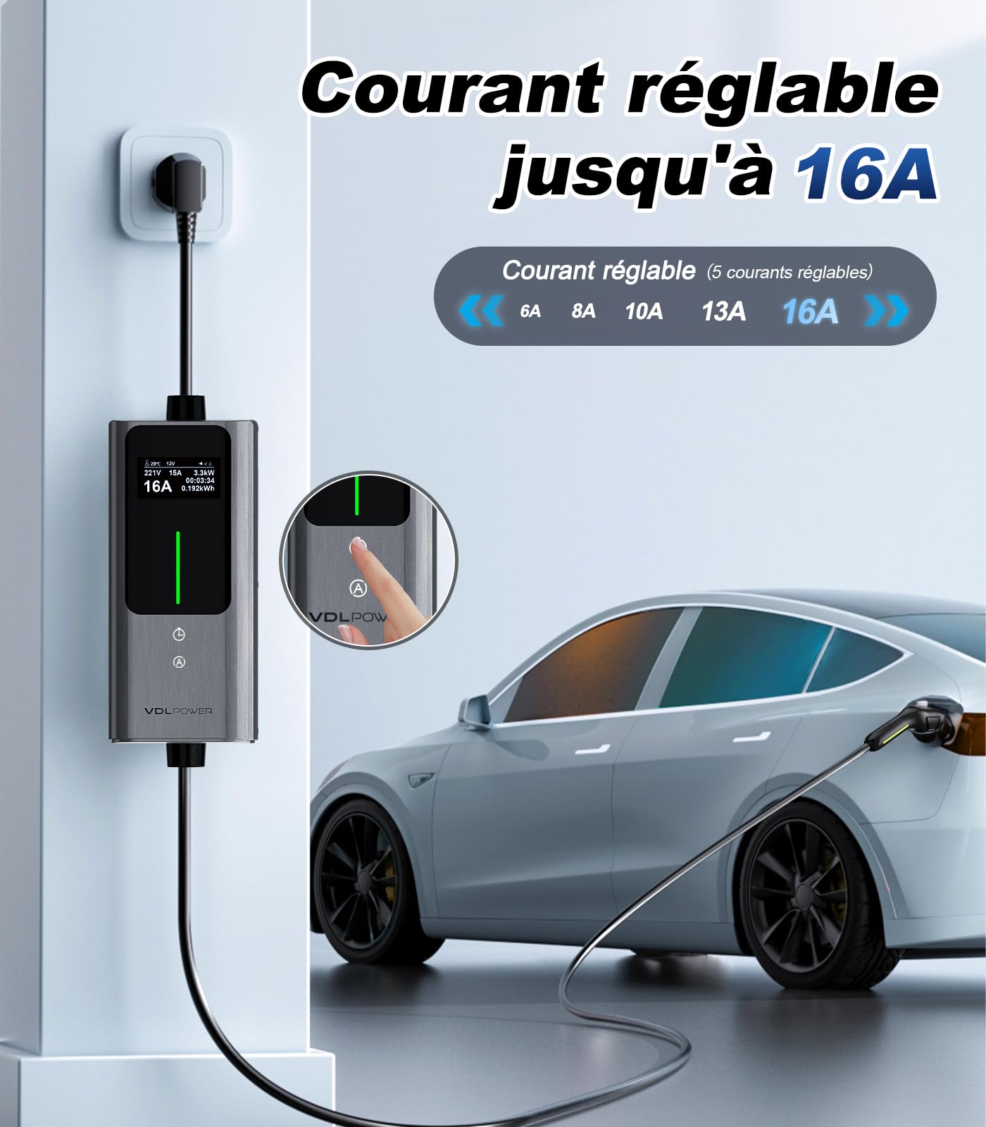 Chargeur Voiture Electrique, 3.6KW EV Chargeur Type 2, Courant réglable 6/8/10/13/16A, 5M Cable Recharge Véhicule Electrique avec EU Schuko, Borne de Recharge Monophasé IP65 (3.68KW-5M)