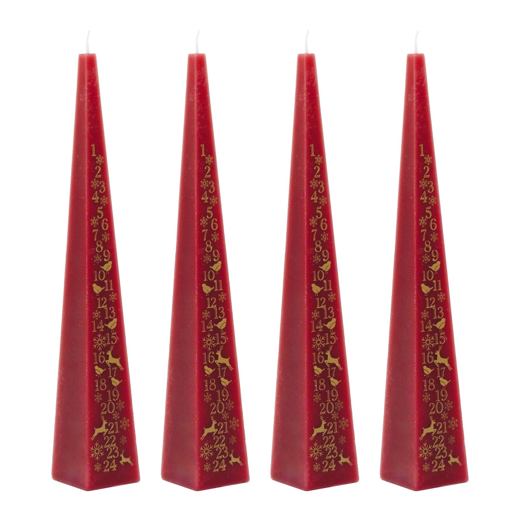 Pack of 4 Red Pyramid Advent Candles | Traditional Christmas Advent Calendar Candles with Numbers - 33cm