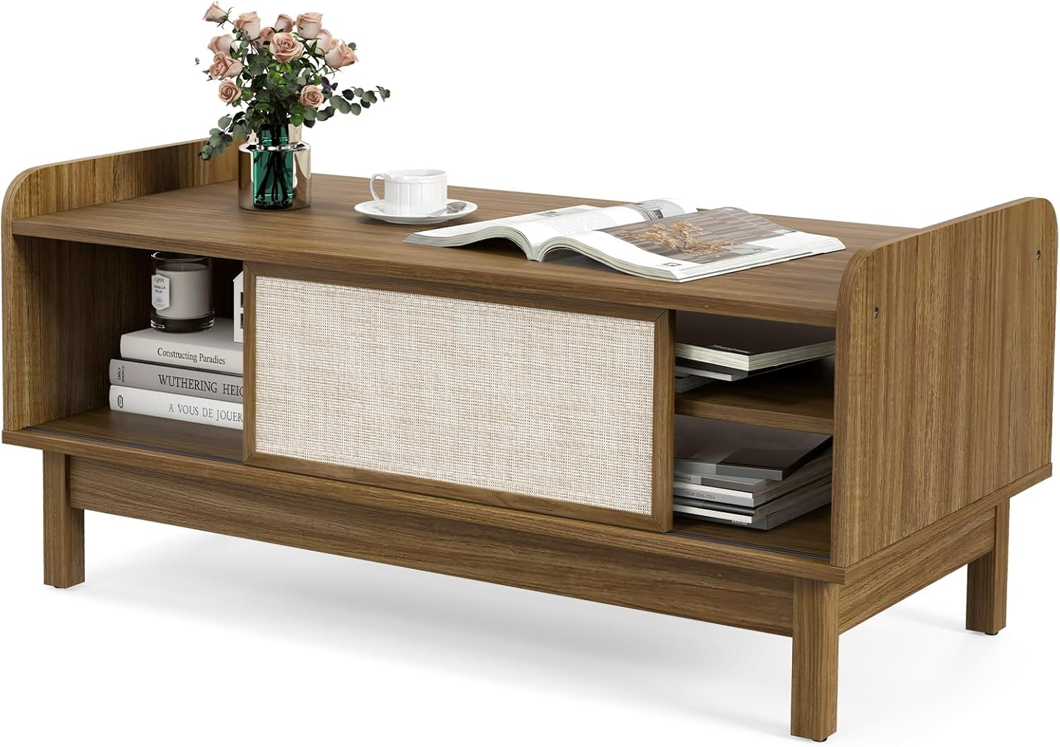 Giantex Mid Century Coffee Table with Storage, Rattan Modern Tea Table with Sliding Doors, Adjustable & Removable Shelf, Rattan Woven Door, Wooden Accent Center Tables for Living Room Apartment