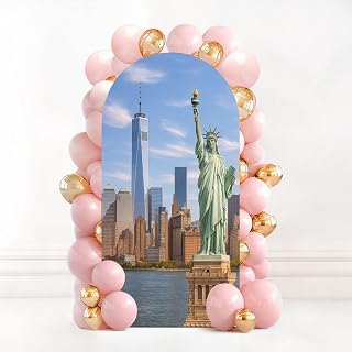 6.6FT Wedding Arch Backdrop Cover Statue Liberty New York City Skyline Financial District World Trade Spandex Fitted Fabric Round Top Stretchy Stand Covers for Baby Shower Birthday Party Decoration