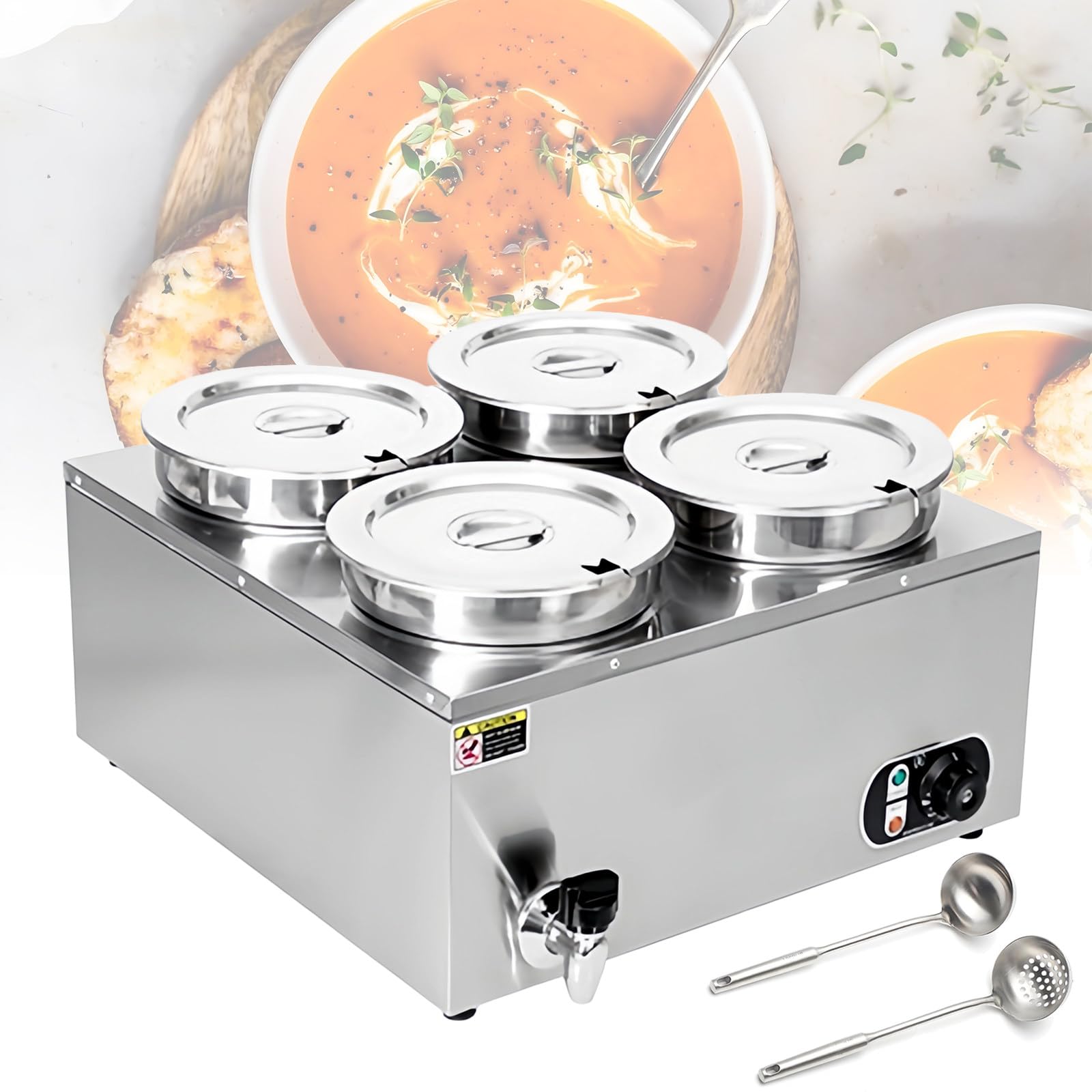 YXYLJOZ Electric Soup Warmers - Stainless Steel Bain Marie with Lids & Ladles, 3 Pots for Restaurants, Catering, and School Canteens - Commercial Food Warmers (7l X 4 110V)