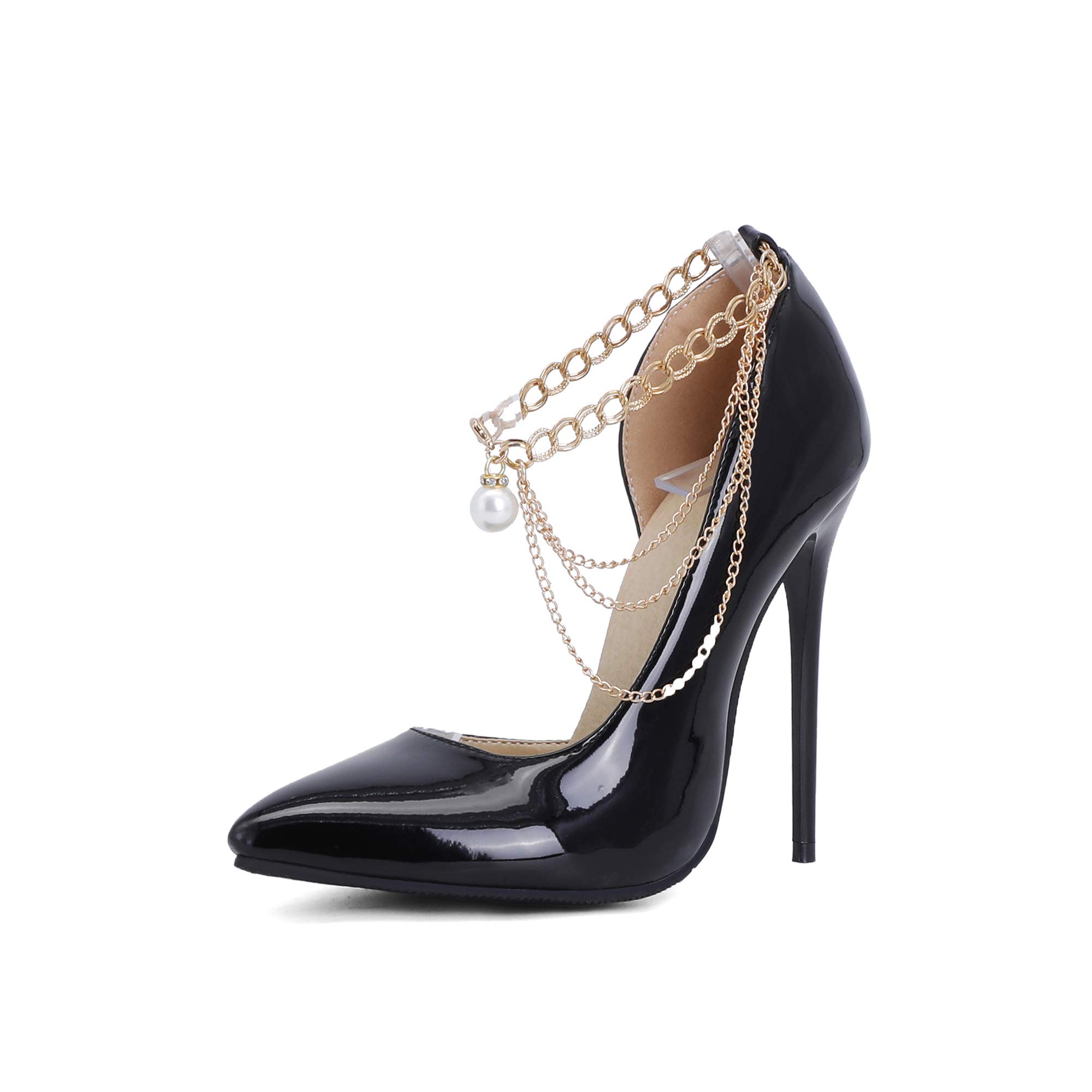 JIEEMEWomen's Sexy Pointed Toe Stilet Slip-On High Heel with 12 cm Chians Easy Walking Evening Party Pumps for Women Big Size Z8821s Black