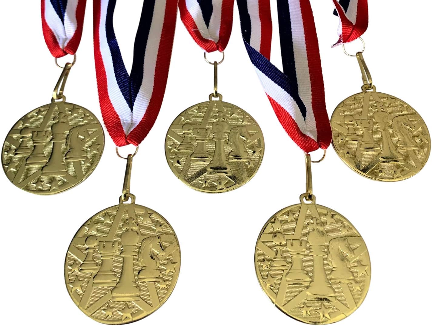 5-Pack 2 inch Diameter Die-Stamped Solid Metal Chess Medal with a Detailed Bright Gold Color Finish, and a Red White and Blue Neck Ribbon.
