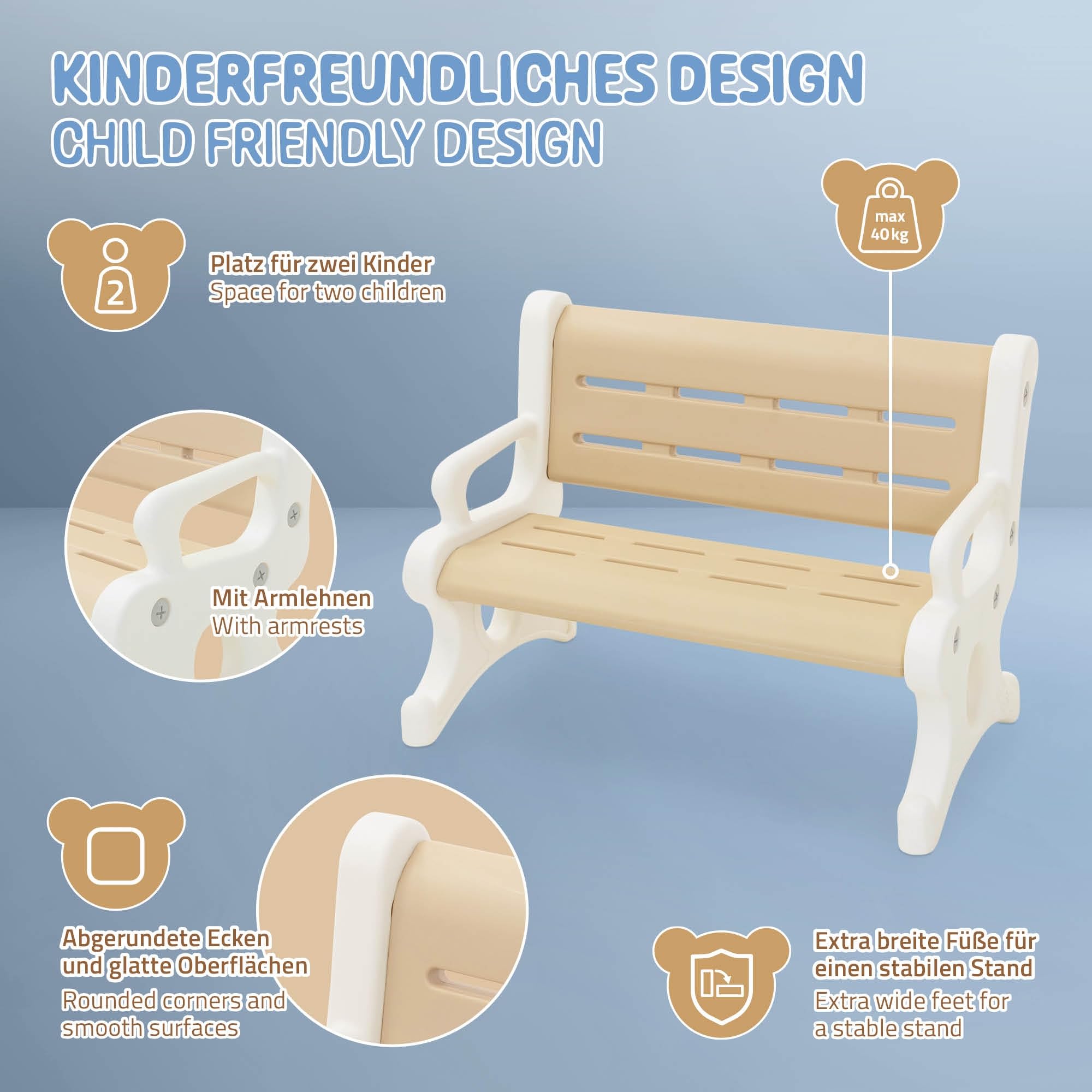 Joyz Banc Enfant Extérieur en Plastique, 2 Places, Dès 3 Ans, Marron et Blanc, avec Accoudoirs, Protection Anti-Basculement & Système d'Emboîtement, Résistant aux Intempéries, 81,5 x 59,5 x 48 cm