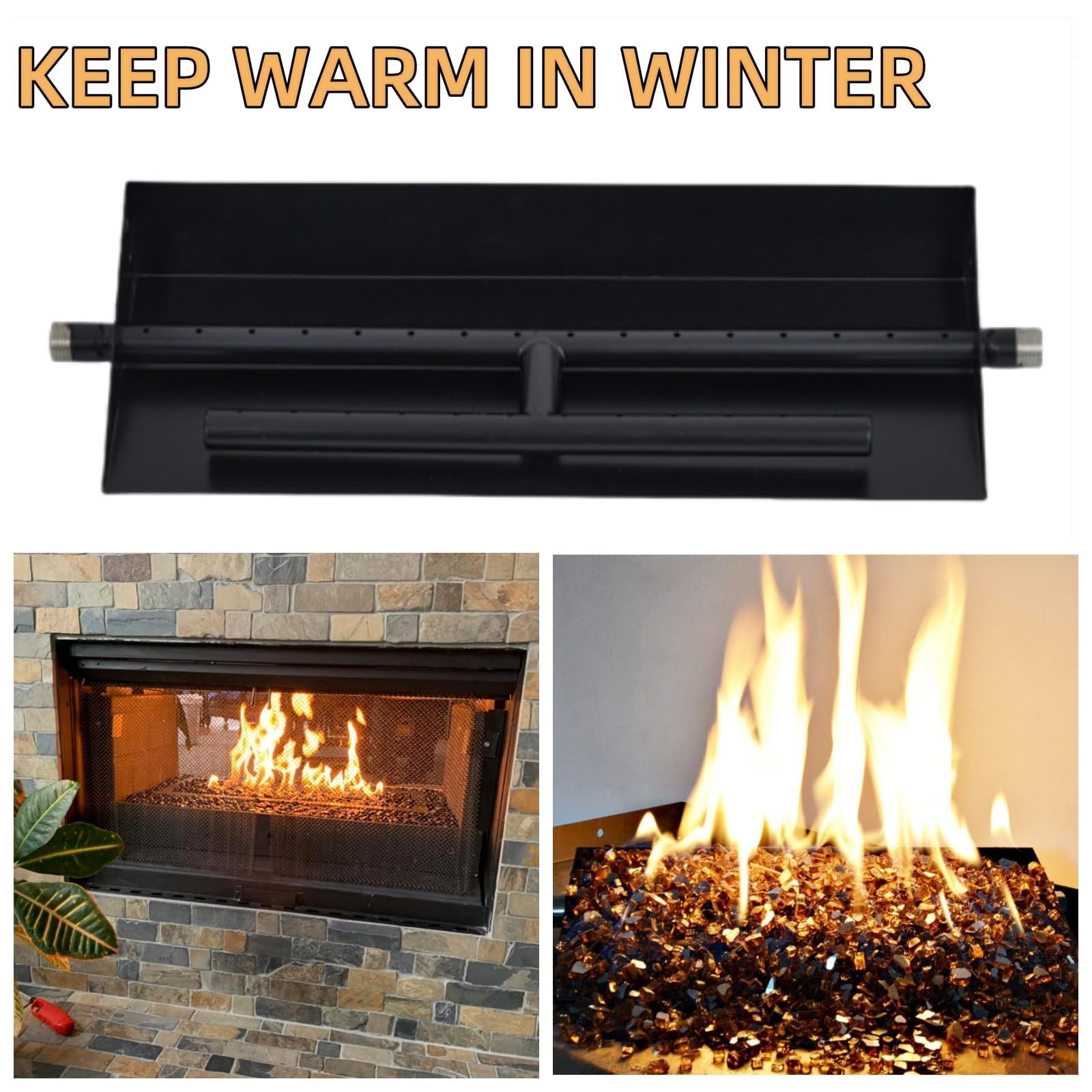 Garvee 57 x 15 cm Gaskamin Brenner Set mit Brennerpfanne, 80.000 BTU Feuerstelle Brenner Kit für Erdgas & Propan, Doppelreihiger Kaminbrenner aus Kohlenstoffstahl für DIY Outdoor Feuerstelle, Schwarz